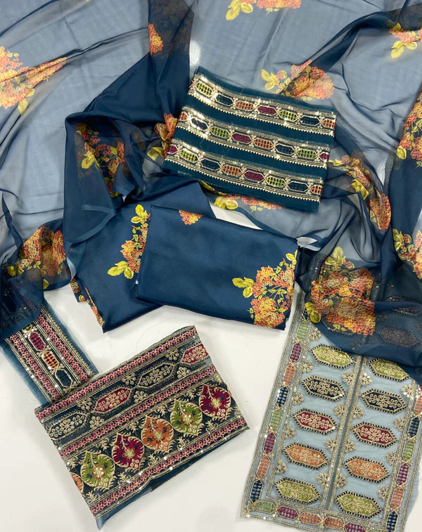 Aneela Premium Silk – With Organza Patches