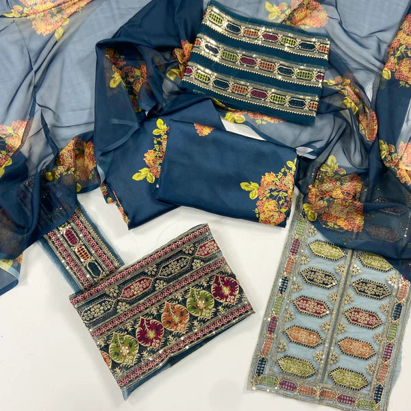 Aneela Premium Silk – With Organza Patches